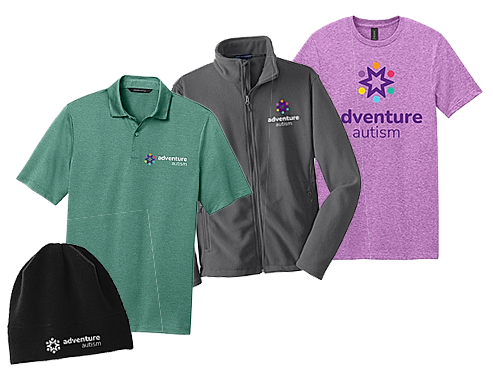 Photo of merch store tshirt, polo, sweater, and hat.